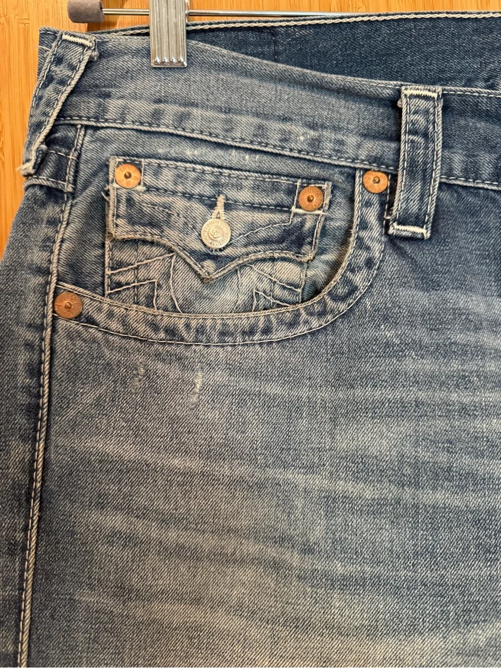 True Religion Basic Straight Leg Distressed Flap Jeans Size 33